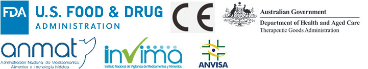 FDA(アメリカ)、CE(ヨーロッパ)、TGA(オーストラリア)、ANMAT(アルゼンチン)、INVIMA(コロンビア)、ANVISA(ブラジル)